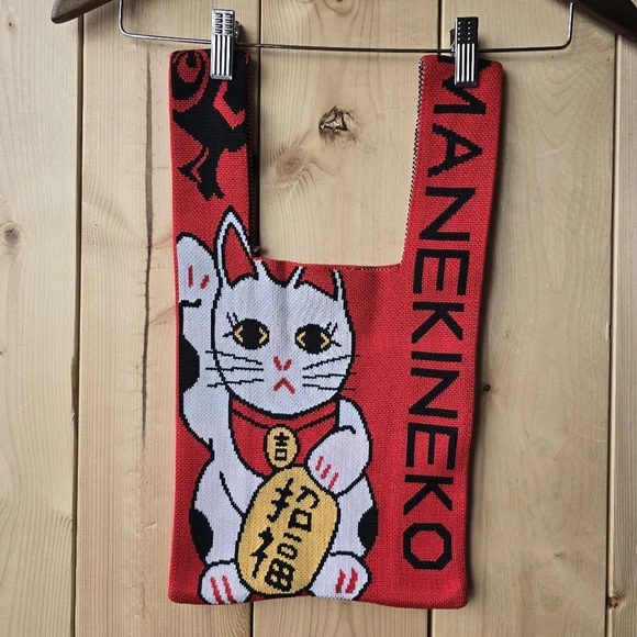 Manekineko Lucky Cat Red Knit Soft Tote Bag Small - Picture 1 of 7